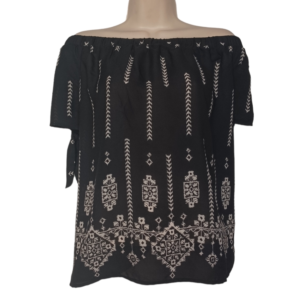 SOCIETY GIRL White Print Off Shoulder Black Stretchy Boho Top Large